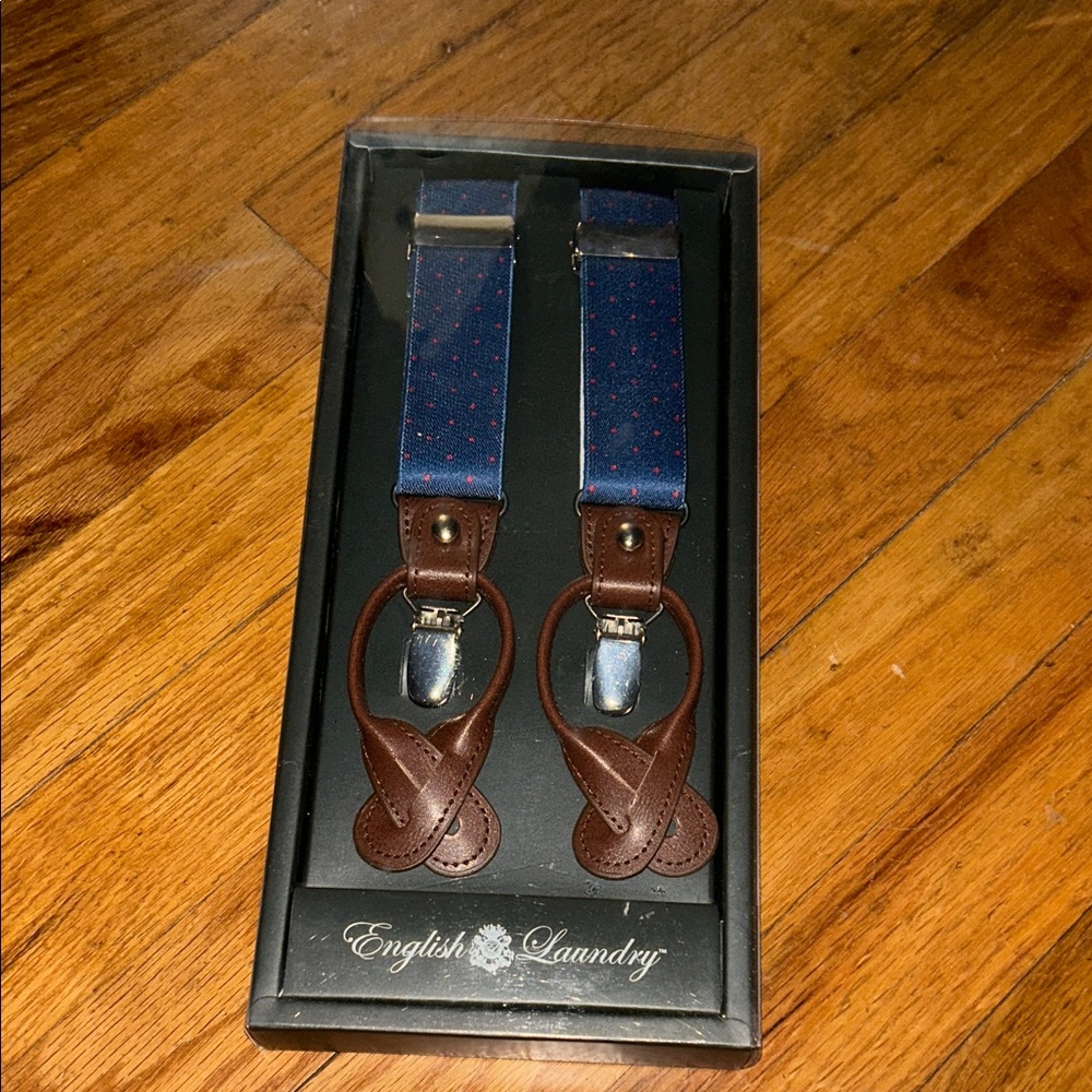 English Laundry Navy Suspenders with Red Dot and Brown Leather